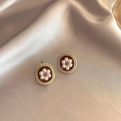 Vintage Wine Red Pearl Stud Earrings