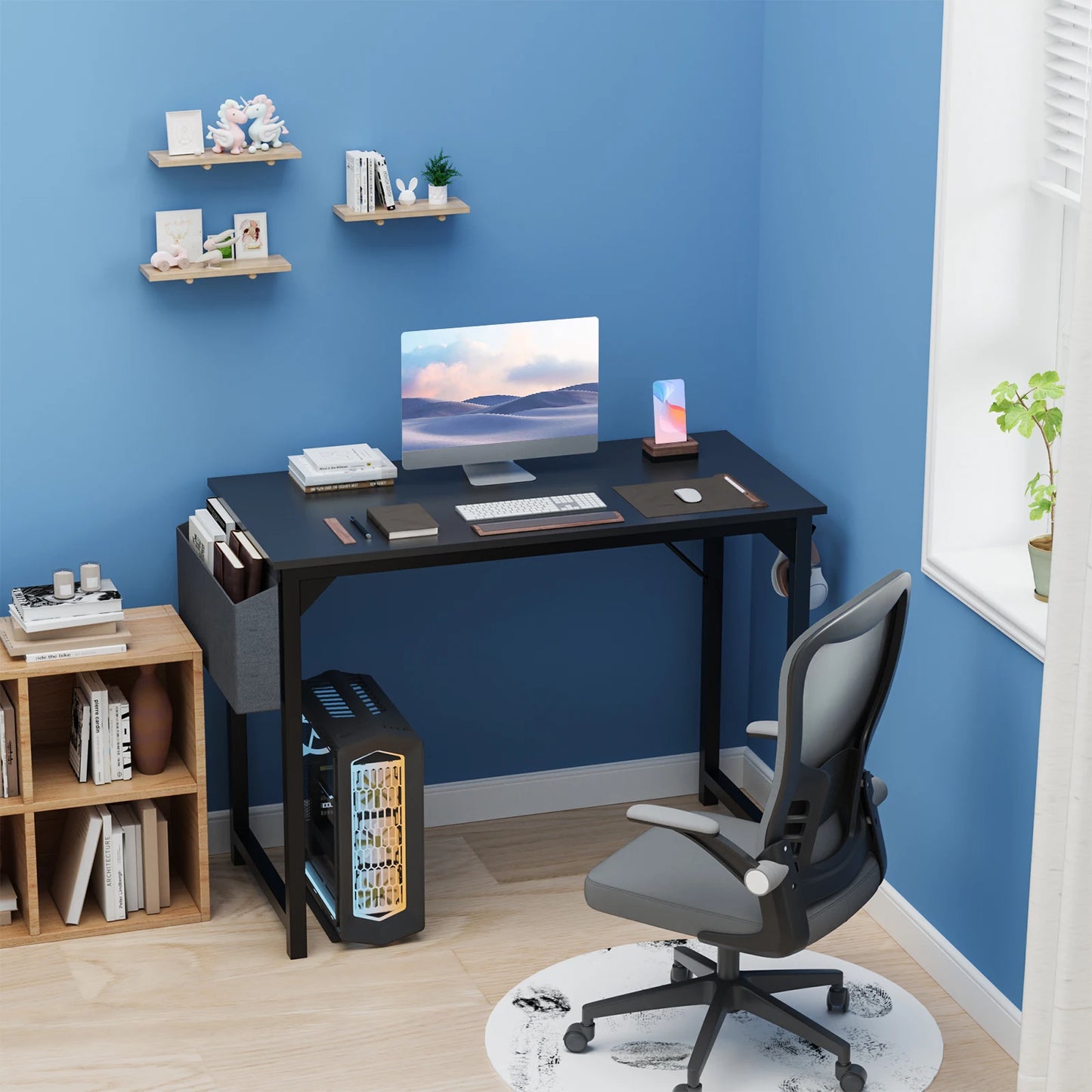 Modern Computer Desk – Sturdy Writing & Gaming Table with Storage Bag & Hook