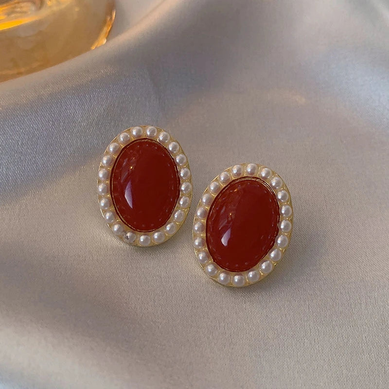 Vintage Wine Red Pearl Stud Earrings