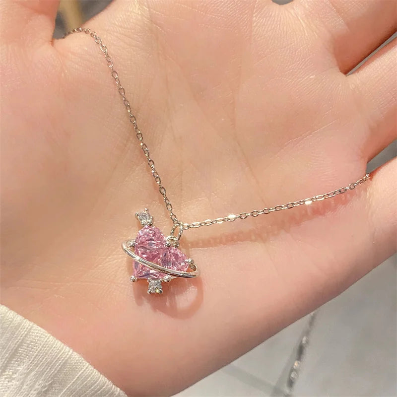 Pink Planet Heart Zircon Pendant Necklace