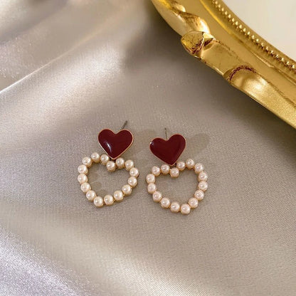 Vintage Wine Red Pearl Stud Earrings