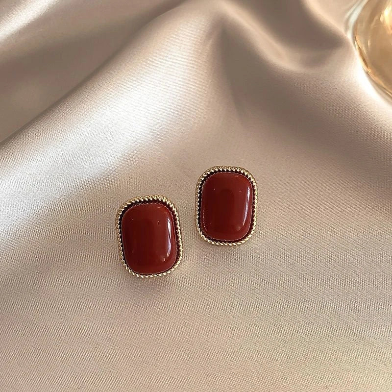 Vintage Wine Red Pearl Stud Earrings