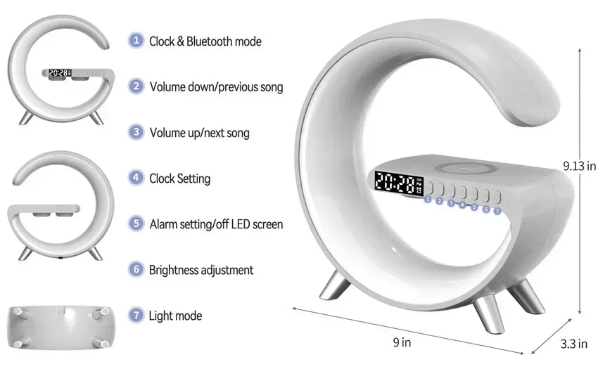 9-Inch Wireless Charger Stand Alarm Clock with Bluetooth Speaker