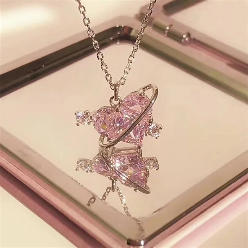 Pink Planet Heart Zircon Pendant Necklace