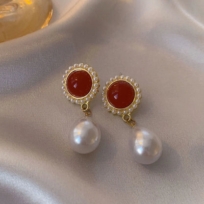 Vintage Wine Red Pearl Stud Earrings