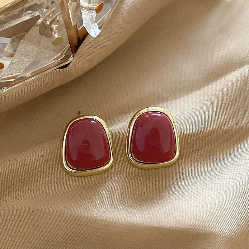 Vintage Wine Red Pearl Stud Earrings