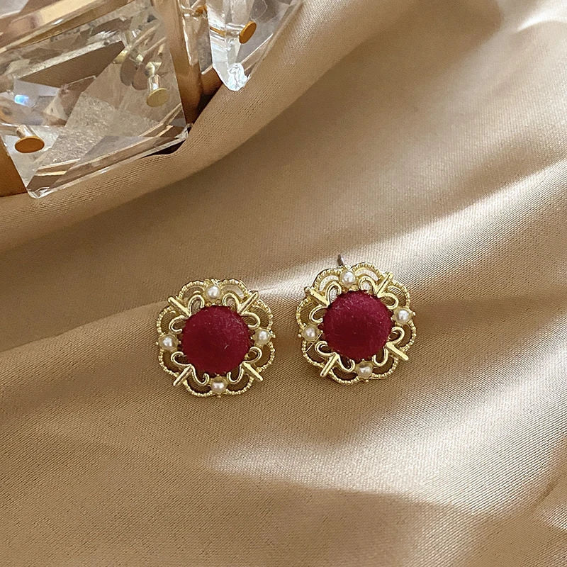 Vintage Wine Red Pearl Stud Earrings