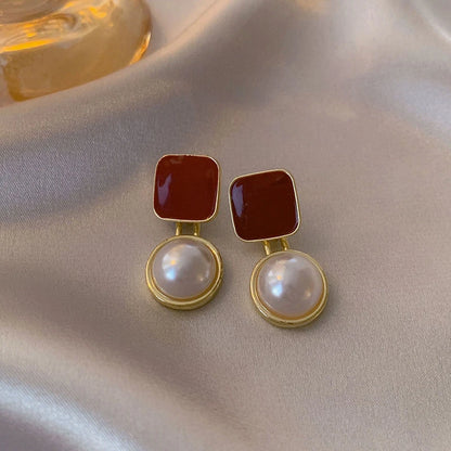 Vintage Wine Red Pearl Stud Earrings