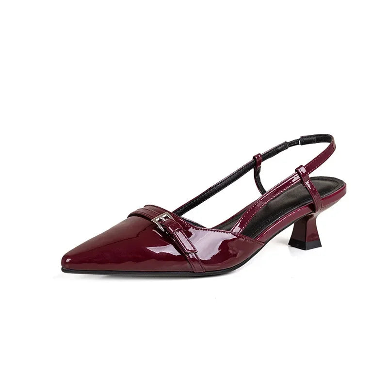 French Wine Red Mid-Heel Sandals