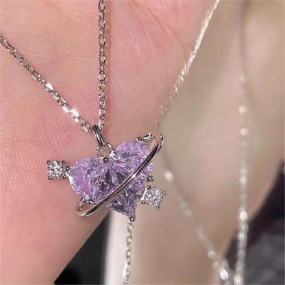 Pink Planet Heart Zircon Pendant Necklace