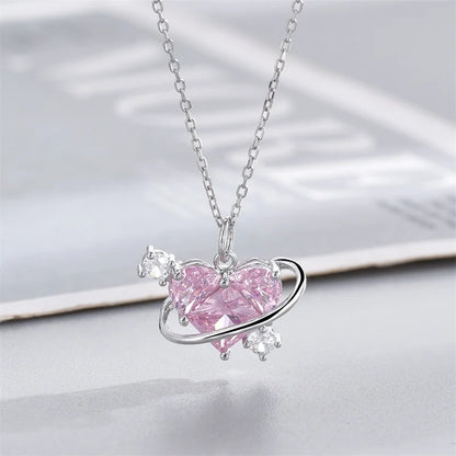 Pink Planet Heart Zircon Pendant Necklace