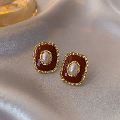 Vintage Wine Red Pearl Stud Earrings